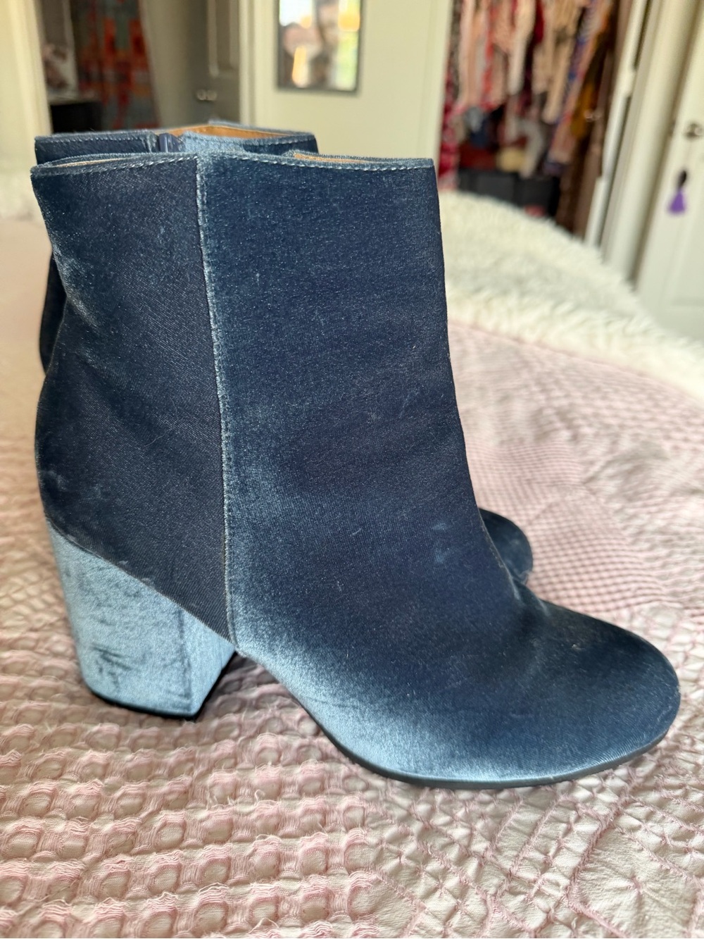 Qupid Navy Velvet Block Heel Booties